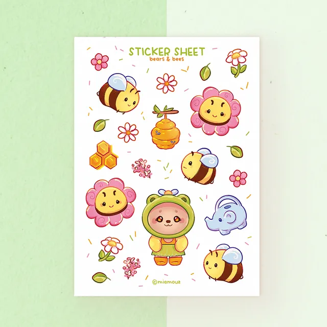 miamouz-bears-and-bees-sticker-sheet-a6-matt-honig-b-ren image 1