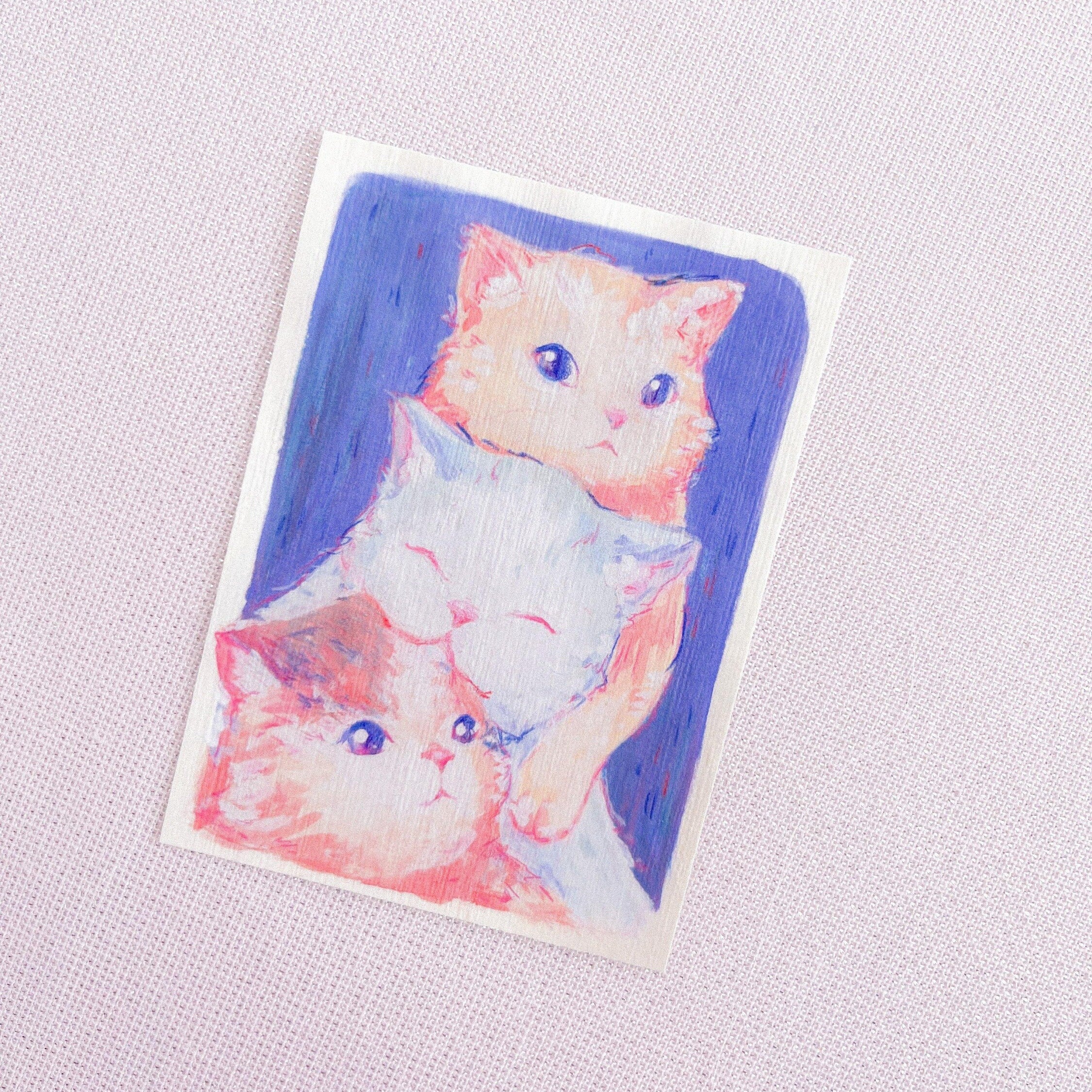 miamouz-prints-3-cats-tiny-artwork-kunstdruck-atc-gouache image 3