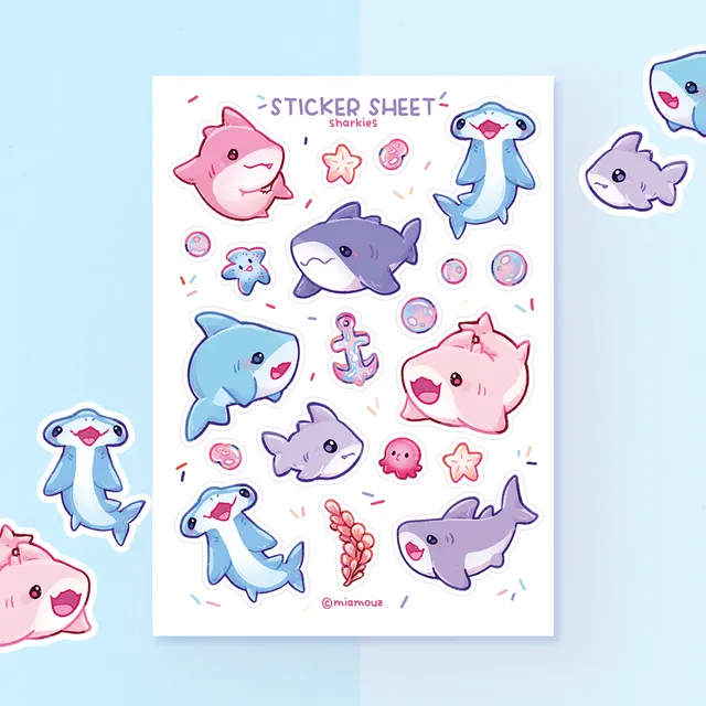 miamouz-sharkies-stickerbogen-a6-matt-vinyl-haie-pastell image 1