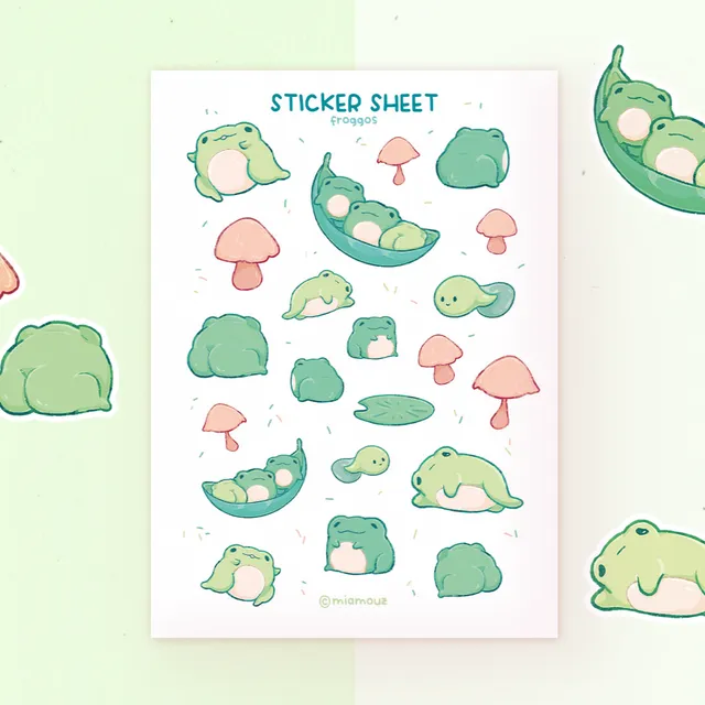 miamouz-froggos-sticker-sheet-a6-stickerbogen-matt-frosch image 1