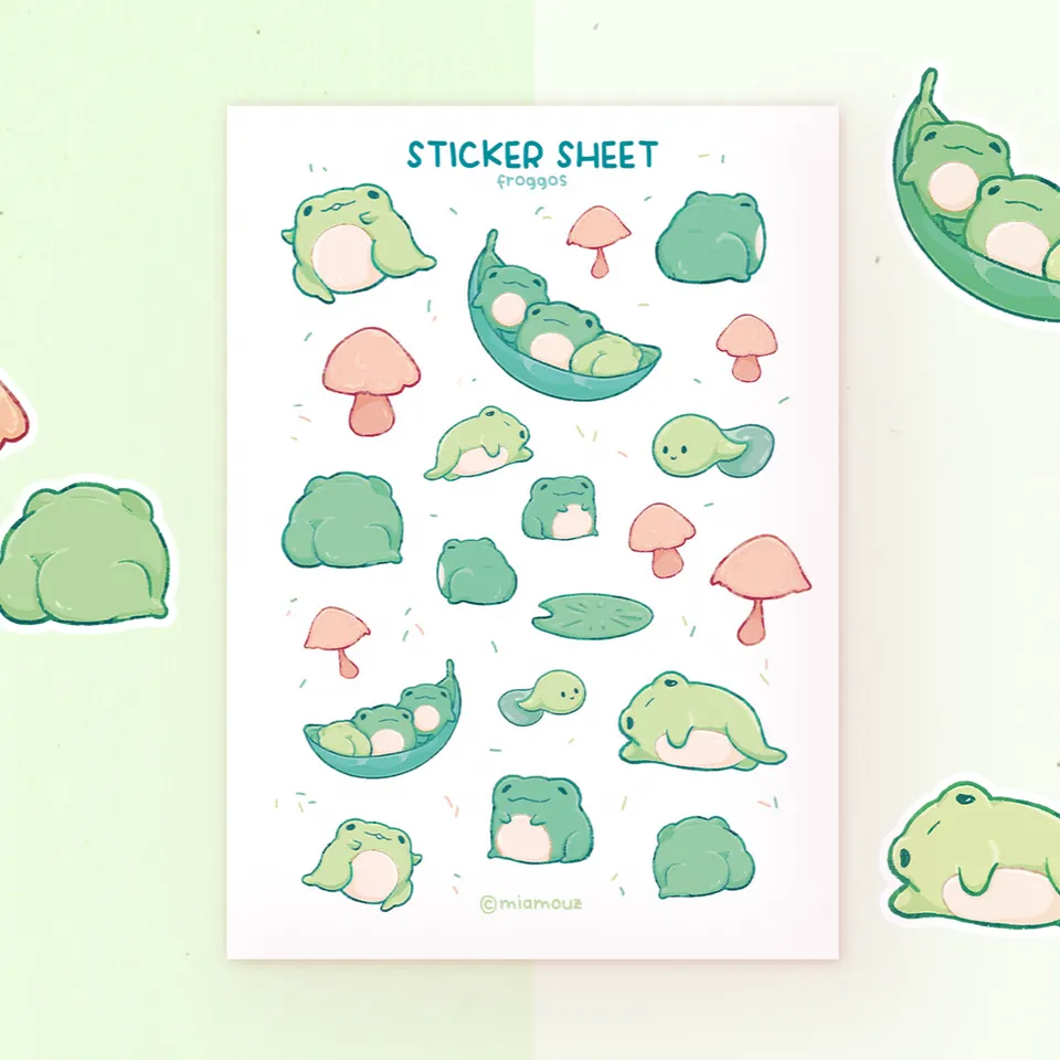 miamouz-froggos-sticker-sheet-a6-stickerbogen-matt-frosch image 1