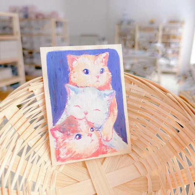 miamouz-prints-3-cats-tiny-artwork-kunstdruck-atc-gouache image 1