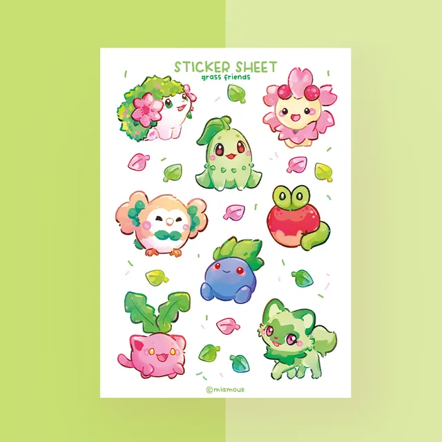 miamouz-grass-friends-sticker-sheet-a6-gl-nzend-monster image 1