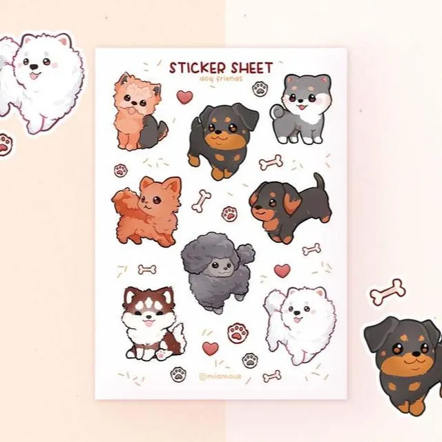 miamouz-dog-friends-stickerbogen-a6-matt-vinyl-hunde image 1