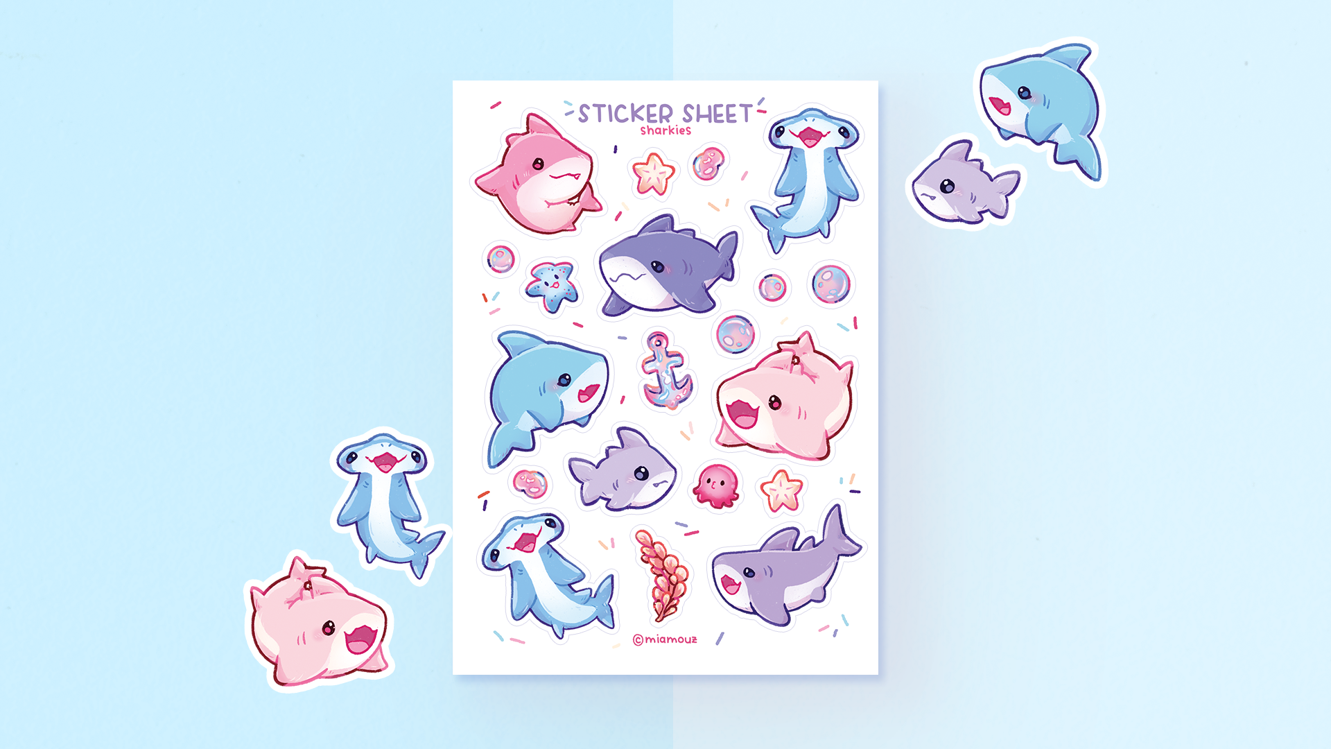 miamouz-sharkies-stickerbogen-a6-matt-vinyl-haie-pastell image 2